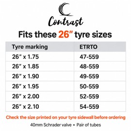 Contrast 26 Inch Bike Inner Tubes, Pair, 1.75-2.10, 40mm Schrader Valve