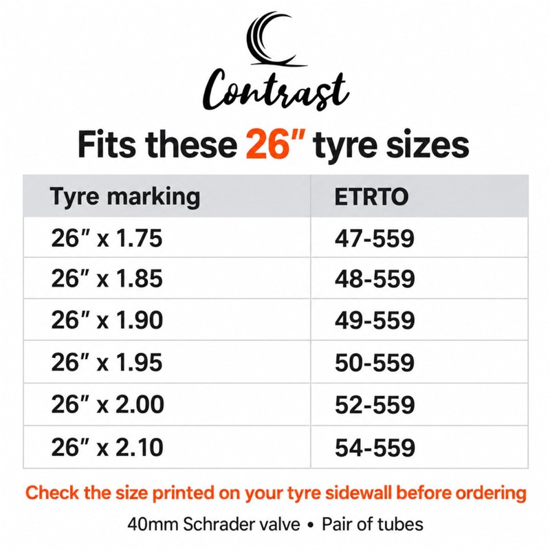 Contrast 26 Inch Bike Inner Tubes, Pair, 1.75-2.10, 40mm Schrader