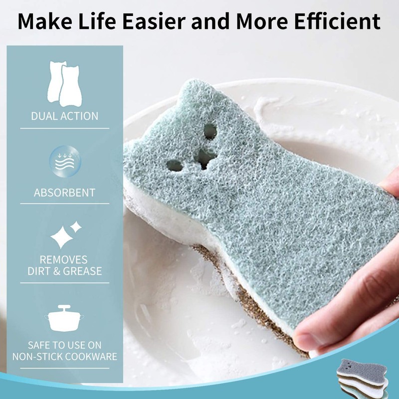 Cat Shaped Kitchen Sponges, Scratch-Resistant, Durable, Scouring Pad for Dishes,