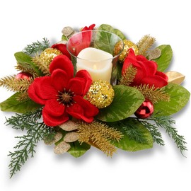 YULETIME 18-in Centerpiece with Flameless LED Candle Holder, Red Magnolia