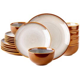 LeRatio Ceramic Dinnerware Sets for 6,18-Piece Plates and Bowls,Handmade Reactive Glaze Dishes Set,Chip Resistant and Scratch Resistant | Oven Dishwasher & Microwave Safe,Service for 6-Kahki