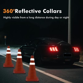 18 Inch 3 Pack Collapsible Traffic Safety Cones, Orange Cones with Reflective Collar, Portable Multipurpose Traffic Cones for Parking Construction Driving Training Sports Practice