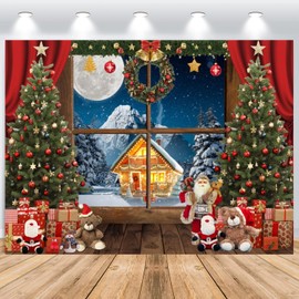 ASDCXZ Christmas Backdrop 3x2.5m, Window Snow Scene Glitter Hut Christmas Tree Gift Photo Backdrop, Vinyl Family Celebration Party Wall Ornaments Photography Backdrop Banner