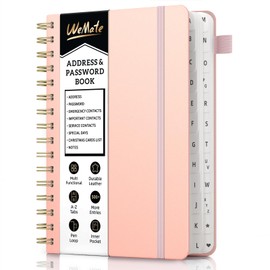 WEMATE Spiral Address Book with Alphabetic Tabs, Leather Password Book, Address Organiser, Phone Notebook, Journal, Keep Contacts Secure, Hardcover, Large Print, for Seniors, Home Office, 5.8 × 8.2