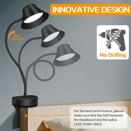 TonyEst Headboard Reading Light - No Drill Installation Book Light for Bed, 3-Color Temp & 5 Dimmable Levels, 95+ CRI Natural Light with Flexible Gooseneck, Wall-Safe Bedside Lamp for Night Reading