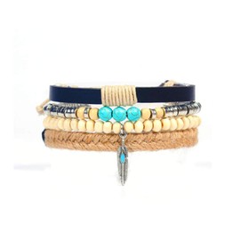 SBI Jewelry Women Good Luck Feather Braided Leather Wrap Bracelets White Black Beaded Brown Beads Braided Men Beaded Infinity Friendship Wristband Couple Silver Birthday Anniversary 4PC