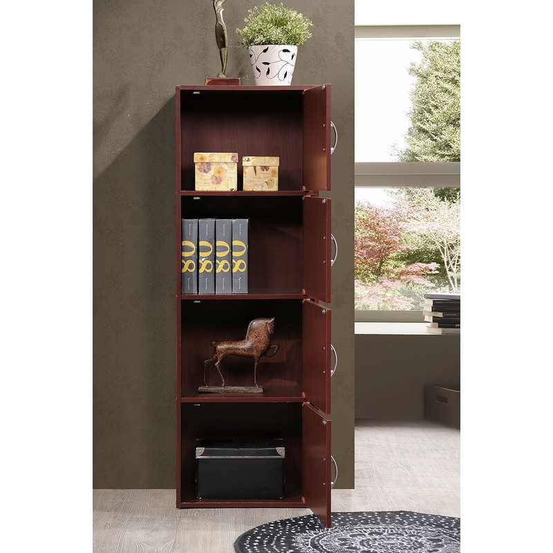 HODEDAH IMPORT 4-Shelf Bookcase Cabinet, Mahogany