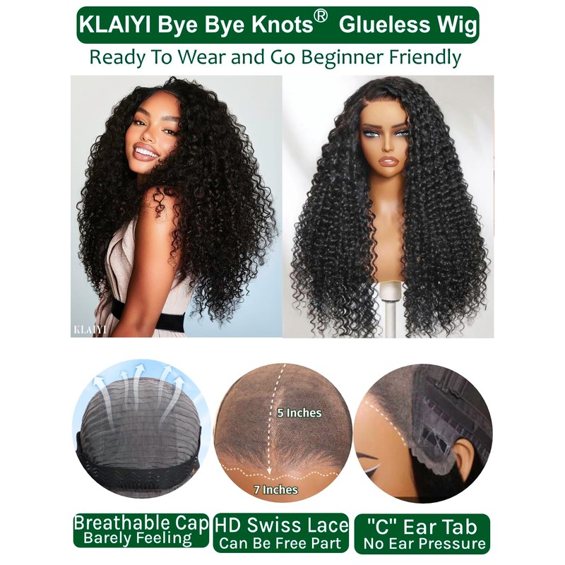 KLAIYI Curly Bye Bye Knots Glueless Wig Human Hair Pre
