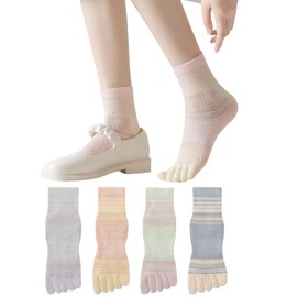 Yolrky Women's Five-Toe Socks, Crew Length, Spring/Summer, Mesh, Thin, Half Finger Socks, Breathable, Sweat Absorbent, Stylish, Cute, Colorful, No Stuffiness, 4 colors, Free size
