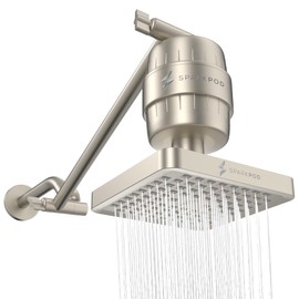 SparkPod 6" High Pressure Rain Shower Head with 23 Stage Filter Capsule & 11 Inch Adjustable Shower Arm Extension -Shower Filter Reduces Chlorine for Smoother Hair & Skin (Square, Brushed Nickel)