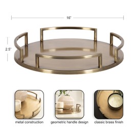 Kate and Laurel Gohana Round Tray with Metal Handles, 16 Inch Diameter, Antique Brass, Modern Glam Serving Tray with Handles for Use as Ottoman Topper or Living Room Decor