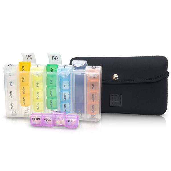 Made Easy Kit Pill Case Large 7-Day / 28 Compartments in Neoprene Carrier with Storage Pill Box in Daily in Morn, NOON, EVE, Bed a Weekly Vitamin, Medicine, Capsule Organization (Black)
