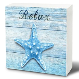 UNCDLV Relax Sign, Beach Signs Decor, Rustic Ocean Starfish Blue Wooden Box Sign for Coastal Beach House Bathroom Desk Shelf Decor, Beach Decorations for Home Coastal, 5x5 Inch