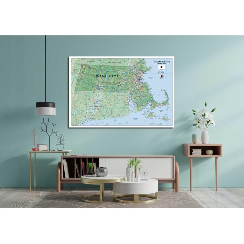 Physical State Map of Massachusetts - 23.3 x 16.5 Inches