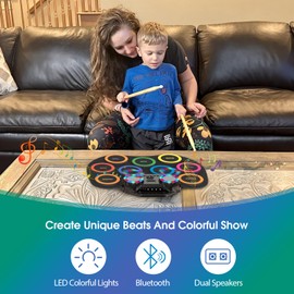 ROCKSOCKI Electronic Drum Set 9Pads with LED Lights, Bluetooth Portable Electronic Drum Kit, Roll-Up Practice Drum Pad, Built-in Dual Speakers, Headphone, Holiday Birthday Gift for Kids