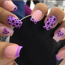 Press on Nails Square Medium Length Glossy Full Cover Acrylic Square Shaped French Purple False Nails with Leopard Designs Artificial Short Coffin Fake Nails with Glue ons Fingernails for Women Girls