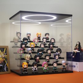 DORYBEN Acrylic Display Case with Adjustable LED Light, 6 Tier Clear Display Box Dustproof Showcase for Action Figures, Collectibles and Mini Toys, Assembly Display Cabinet(Black 15.5*12.5*16.7in)