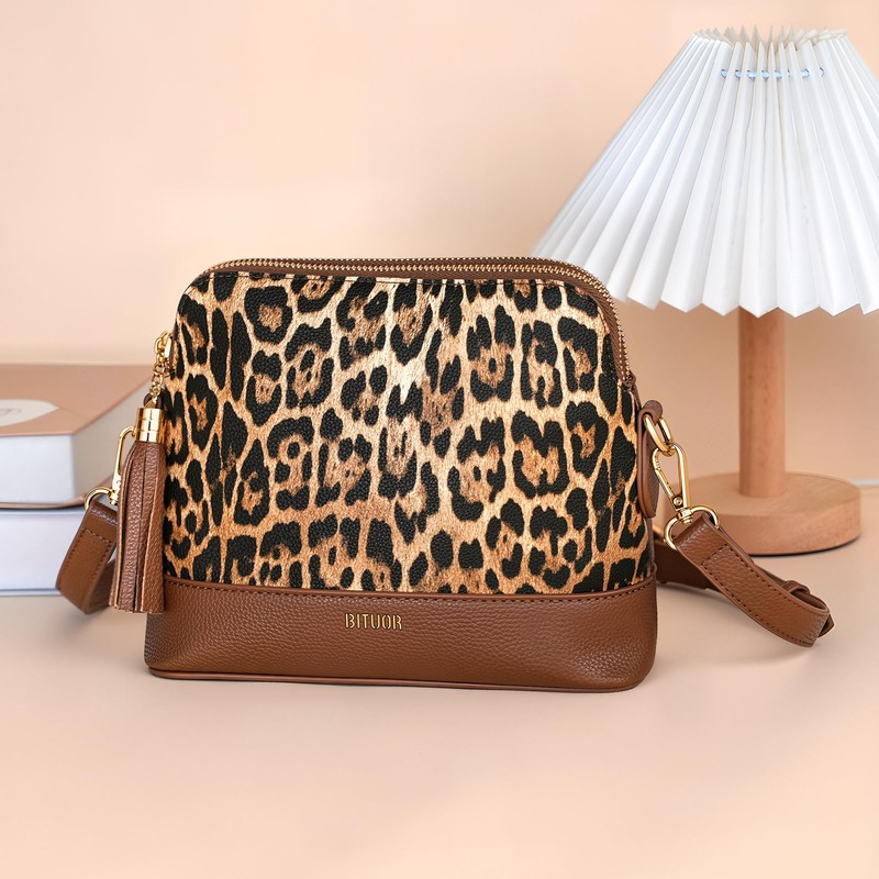 BITUOR Damen Handtasche, Leopardenmuster, PU-Leder, Schultertasche mit Quaste, 23 x
