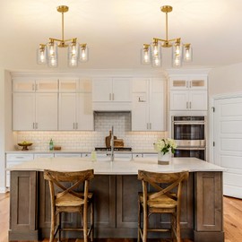 KUSSCO Modern Farmhouse Gold Chandelier 6-Light Industrial Dining Room Light Fixture with Clear Glass Shades Adjustable Height Hanging Pendant Lights for Living Room Kitchen Island Entryway