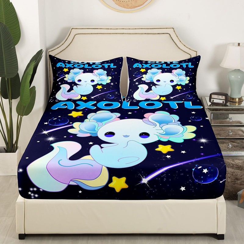 Homemissing Galaxy Axolotl Bed Sheet Set Cute Axolotl Bedding Set