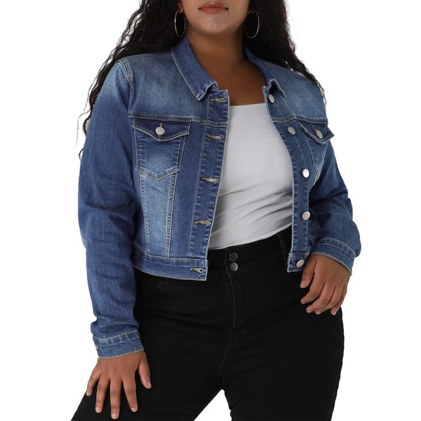 uxcell Women's Plus Size Button Closed Cropped Denim Jackets Stitching
