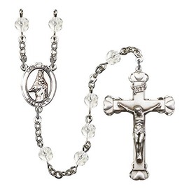 St. Emma Uffing Silver-Plated Rosary 6mm April Crystal Fire Polished Beads Crucifix Size 1 5/8 x 1 medal charm