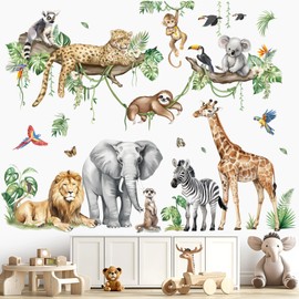 decalmile Large Jungle Animals Tree Branch Wall Stickers Safari Elephant Giraffe Leopard Tropical Leaves Wall Decals Baby Nursery Kids Room Wall Decor(XXL)