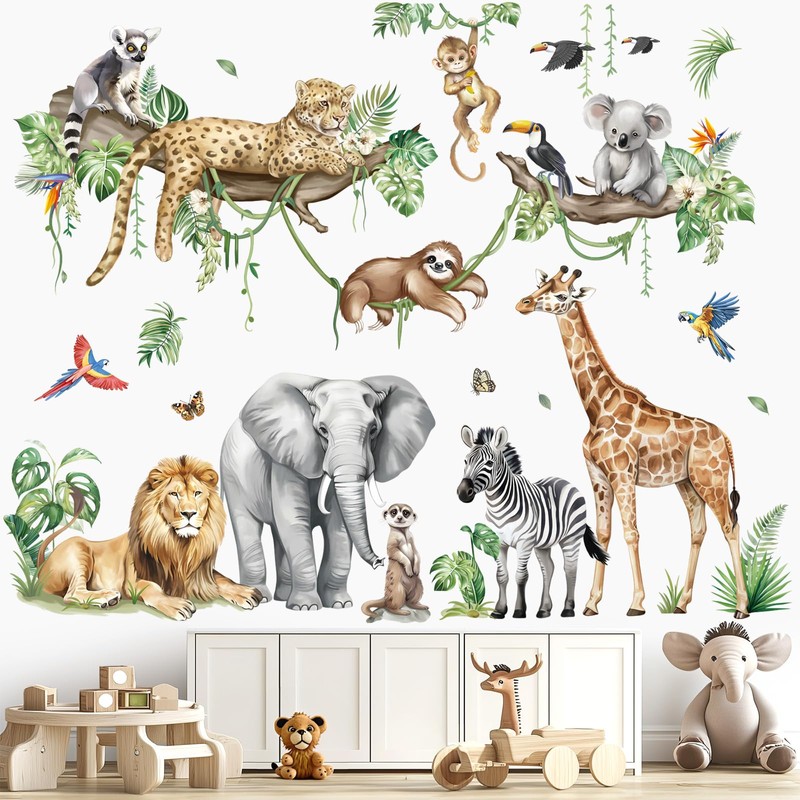 decalmile Large Jungle Animals Tree Branch Wall Stickers Safari Elephant