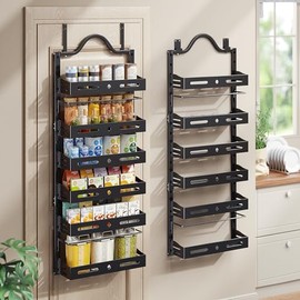 6-Tier Over The Door Pantry Organizer, 2 IN 1 Wall Mount or Hanging Pantry Door Organizer, Pantry Organization and Storage with Adjustable Basket, Wall Mount Spice Rack for Kitchen, Bathroom, Black