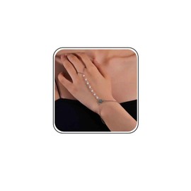 Xmsrn Vintage Pearl Finger Ring Bracelet Pearl Wrist Chain Bracelet Boho Pearl Station Slave Bracelet Silver Shell Hand Chain Bracelet for Women