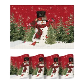 Artoid Mode Snowman Trees Winter Floral Vinly Placemats set of 4, Wipeable Red Christmas PVC Table Mats for Party Kitchen Dining Decor, 12x18 Inch