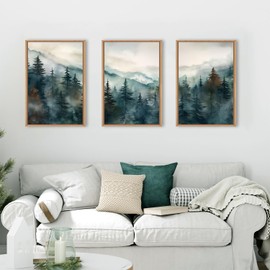 KAIRNE Watercolor Misty Forest Framed Canvas Wall Art Set, Nature Landscape Wall Decor, Foggy Mountain Pine Trees Wall Painting, Jungle Scenery Artwork for Living Room, Bedroom, Office - 16"x24"x3