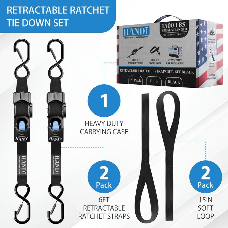 HANDT Retractable Ratchet Straps (2PK) 1in x 6ft - 1,500lb