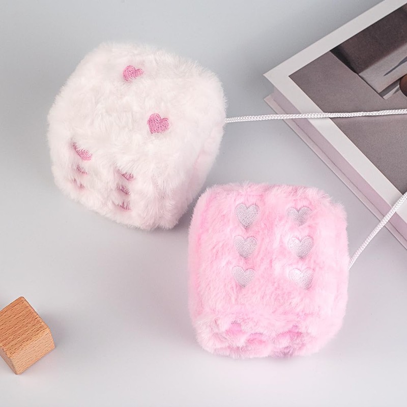 Heart Embroidered Fuzzy Plush Dice - 3-Inch Decorative Car Mirror