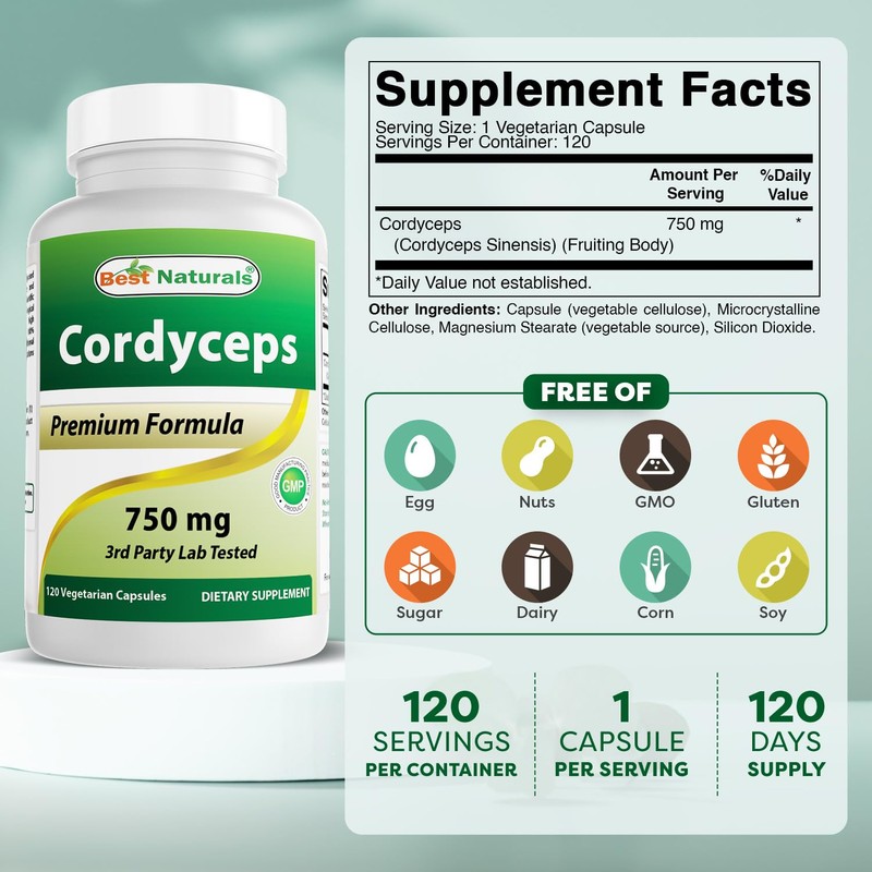 Best Naturals Cordyceps Sinensis Mycelium Mushroom Powder 750 mg 120
