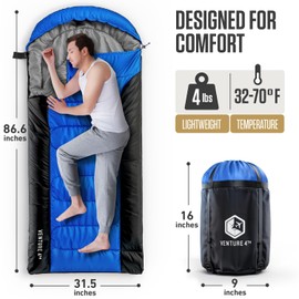 VENTURE 4TH 3-Season XXL Backpacking Sleeping Bag, Camping Sleeping Bags for Adults & Kids - Lightweight, Comfortable, Water Resistant, Ideal for Hiking, Camping & Outdoor – Blue/Black