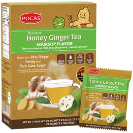 Pocas Honey Ginger Instant Tea Powder, Soursop Flavor, Real Ginger Extract & Honey, Caffeine-Free Tea, 20 Packets