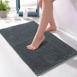LINENOVA Chenille Bath Mat, Extra Soft Shaggy Absorbent Bathroom Rug, Non-Slip Bath Rugs for Bathtub, Shower, Kitchen, Machine Washable - 60x90cm, Charcoal