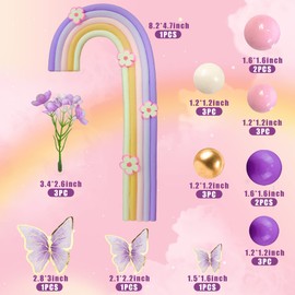25 bolas de decoración para tartas con diseño de arco iris, decoración bohemia para tartas con bolas rosas moradas, flores artificiales y mariposas para baby shower, suministros de fiesta temática de cumpleaños (rosa morado)
