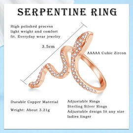 Josfeva Silver Snake Rings for Women Men, Gothic Vintage Punk Style Rings, Adjustable 50-65mm Opening Snake Wrap Ring with 5A Cubic Zirconia, Unisex Rose Gold Serpentine Ring with Jewellery Gifts Box