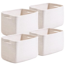 Dcerzxzci White Storage Baskets for Organizing, Woven Storage Baskets for Shelves, Cotton Rope Basket for Storage, Cute Rectangular Book Toy Basket, 12.7"×9.1"×7.9", 4 Packs, Off White