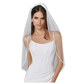 Grettytling Wedding Veil Pearls and Crystals Beaded Edge 1 Tier Soft Tulle Fingertip Length Bridal Veil with Comb, White, Medium