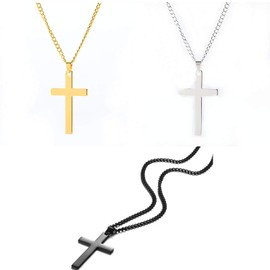 3 Pcs Cross Pendant Necklace Stainless Steel Religious Cross Pendant Necklace Black Silver Gold Sturdy Chain Necklace Sweater Necklace Polished Plain Cross Simple Religious Jewelry Gift for Women Men