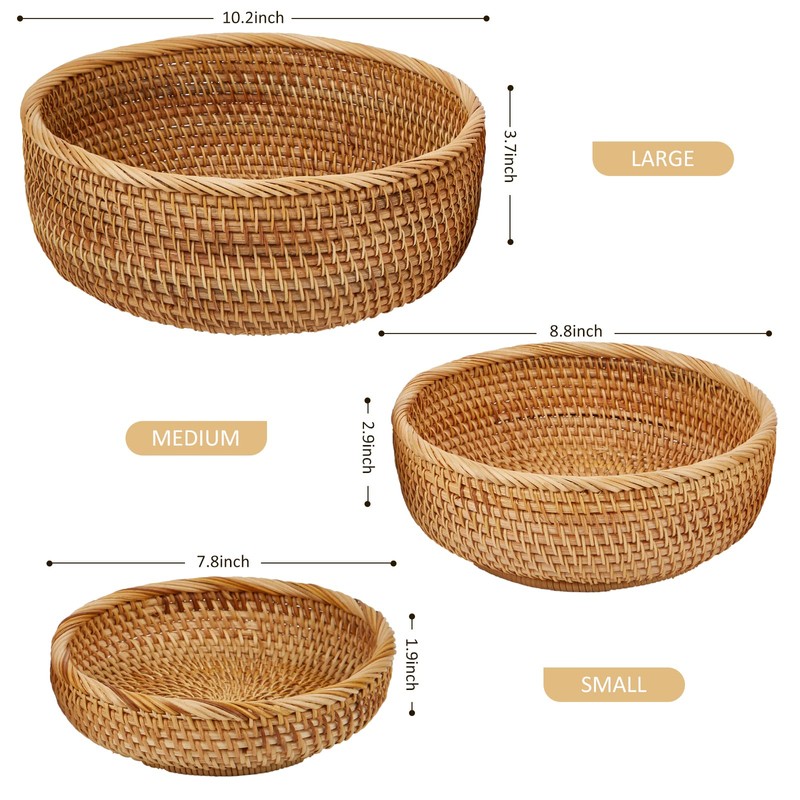 Whalehub Natural Rattan Round Fruit Basket Bowls, Hand Woven Decor