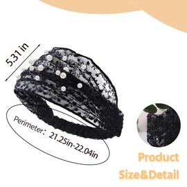 Pearl Lace Headbands for Women Wide Head Wraps Stretchy Lace Heads Hair Scarf Stretch Headpiece Pearl Hair Decoration Accessories Pearls Head Coverings Black Bandana Heads Scarves