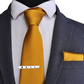 Branduce 3.15"（8cm）Men's Solid Color Necktie and Pocket Square Tie Clip Wedding Business Sets + Gift Box, Old Gold, general
