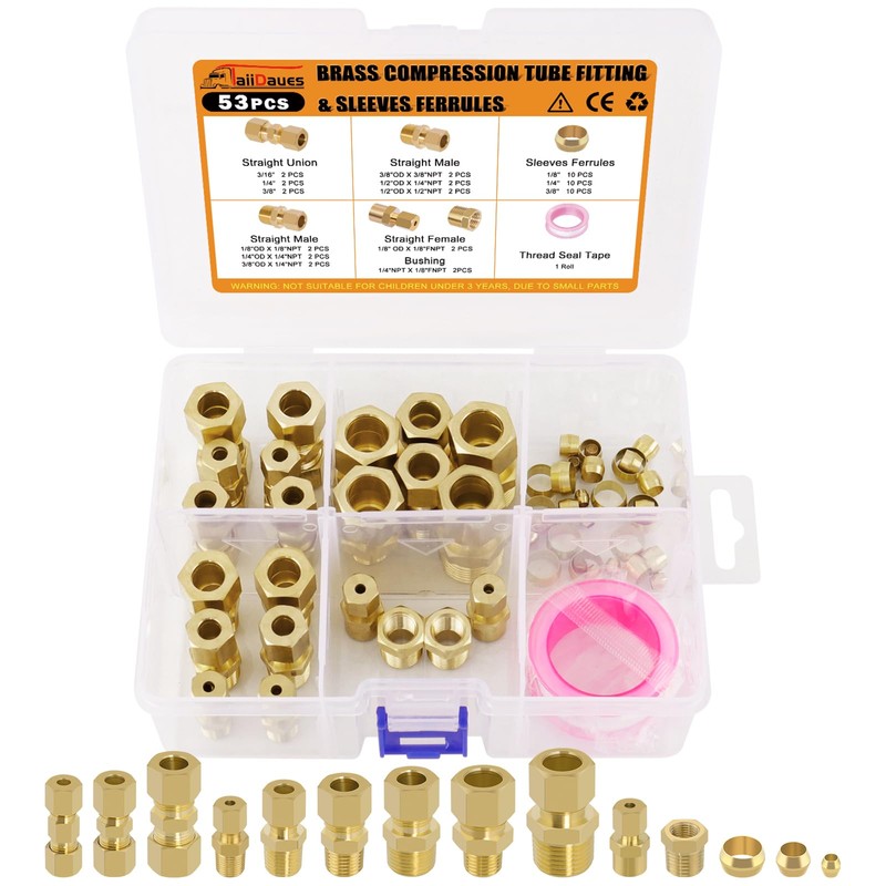 Taiidaues 53 Pcs Brass Compression Fittings Assortment Kit, 1/8" 3/16"