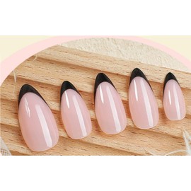 24Pcs French Tip Press on Nails Almond,Fake Nails with French Design,French Press On Nails,Glossy Almond Reusable Press on Nails Short Oval False Nail Kit for Women (French Black, Short)