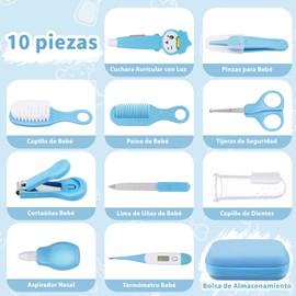 Kit de Aseo y Cuidado para Bebés, 10 Piezas Kit de Cuidado de la Salud del Bebé Recién Nacido, Set de Cuidado del Cabello y Uñas con Bolsa de Almacenamiento, Cuchara Auricular con Luz, Cepillo de Dientes (Azul)
