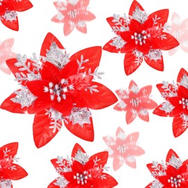 36 Pcs Christmas Glitter Artificial Poinsettia Flowers Xmas Poinsettia Artificial Wedding Flowers Decorations Xmas Tree Ornaments with Clips for Party, 6 Inch, 4 Inch, 3 Inch(Red and Silver)